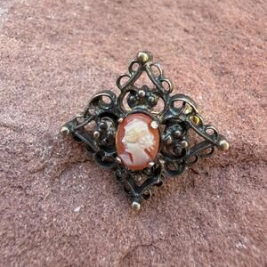 Antique Small Wells Sterling Designer Signed Cameo Brooch Vermeil Finish